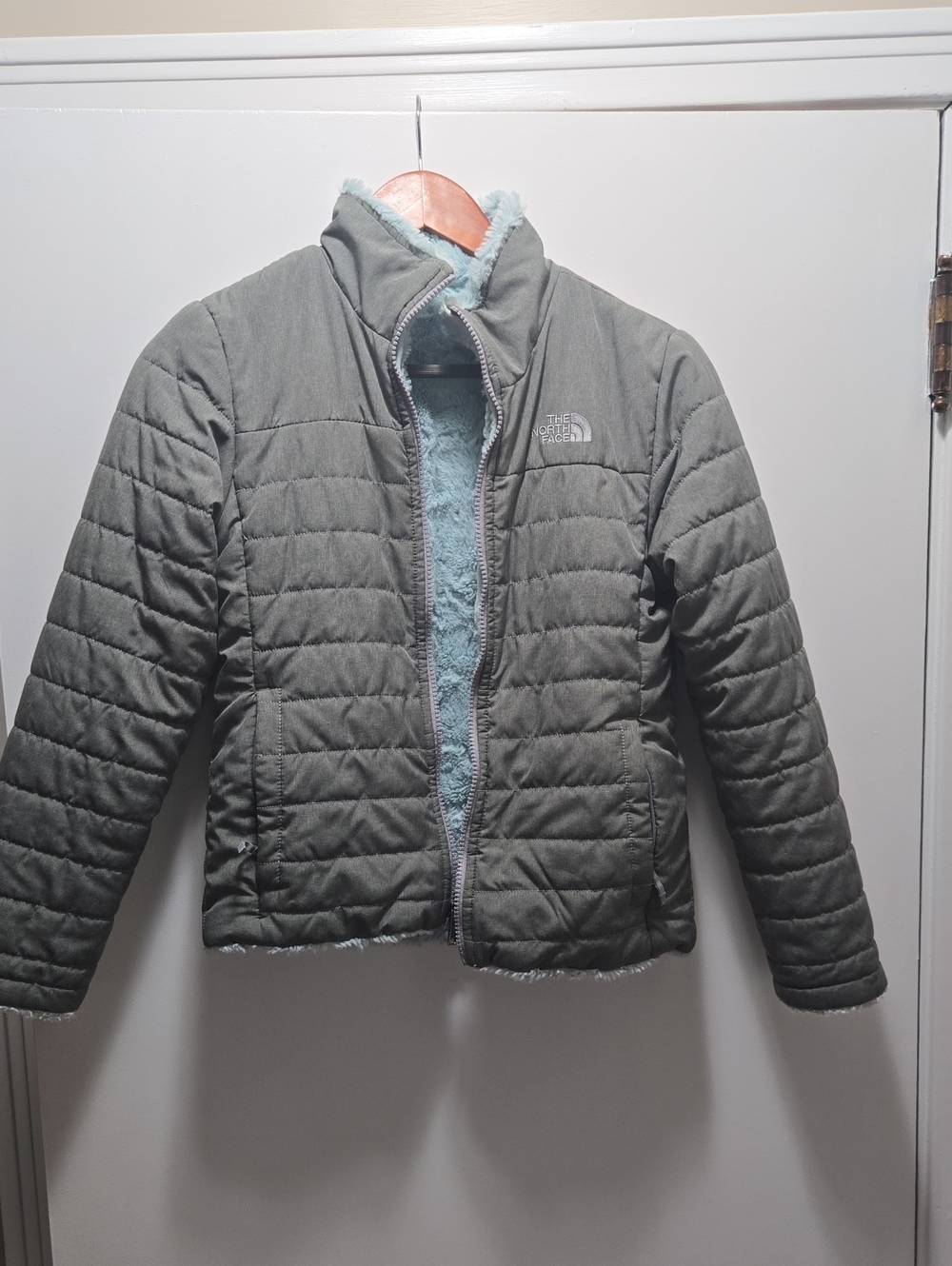 The North Face Girls' Reversible Jacket in Gray with Light Blue Interior